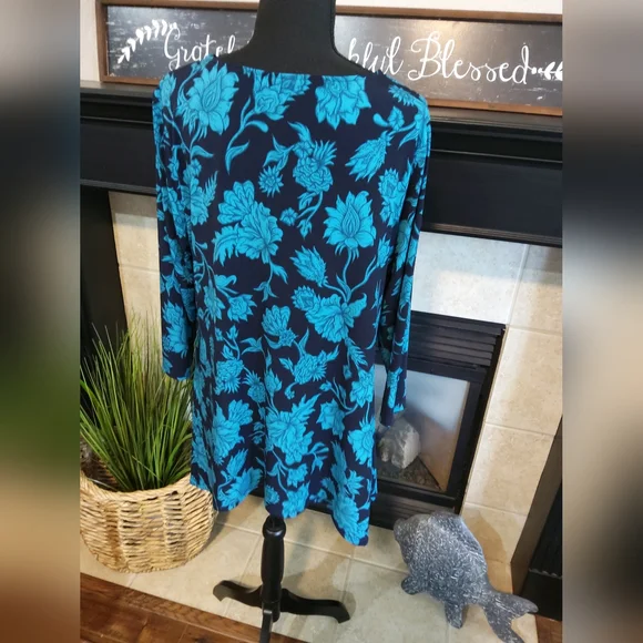 JM Collection Teal Floral Women's Tunic - Picture 6 of 9